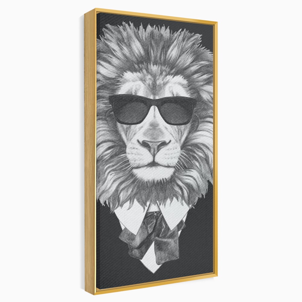 Tablou canvas cu tablou canvas cu leu in costum si ochelari, in rama de aluminiu auriu